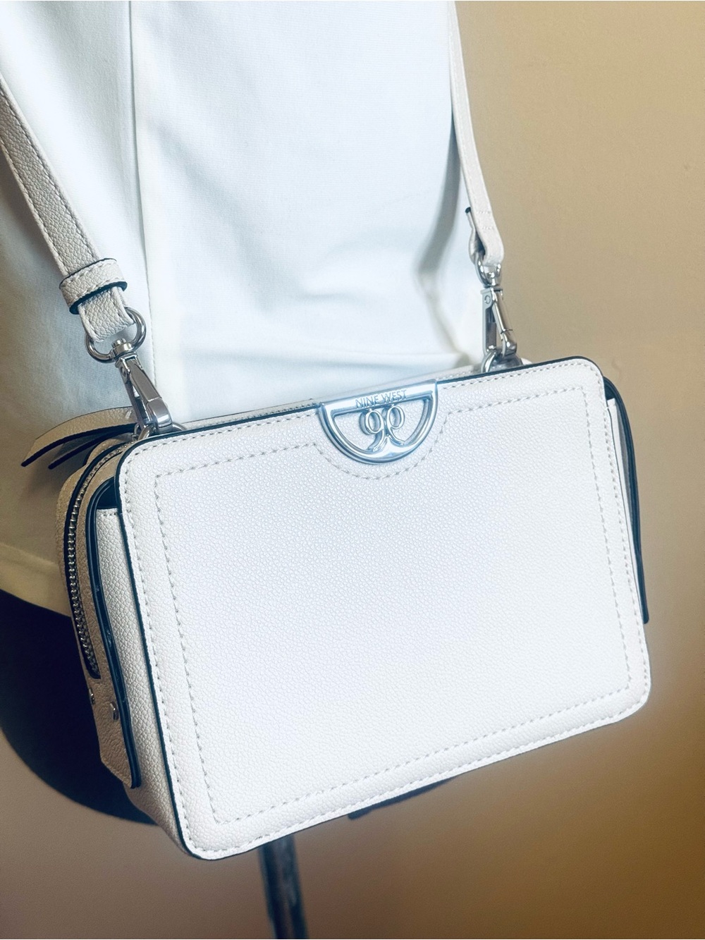 Nine West White Crossbody Bag with Free Beige Monogram Card Case